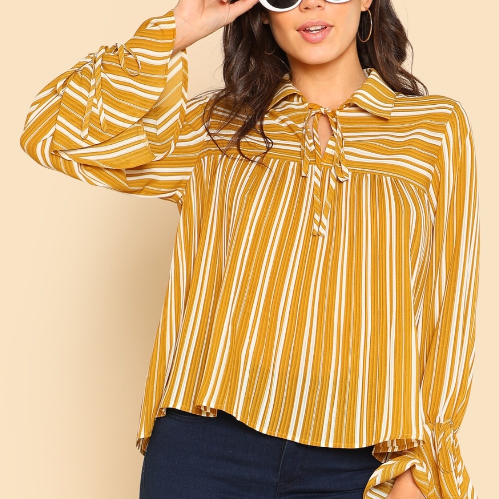 Bow Tied Neck Pleated Striped Top